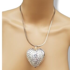 VINTAGE RHINESTONE SILVERPLATE PUFFED HEART PENDANT & HERRINGBONE CHAIN NECKLACE